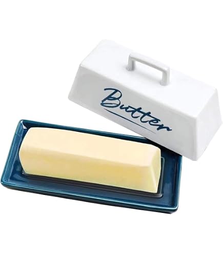 Heartland Home Porcelain Covered Butter Dish With Lid For Countertop (Lid With Handle). 7.6" X 3.8" Butter Holder Container For One Stick Of Butter. Textured Tray Butter Keeper For Non Slip Storage