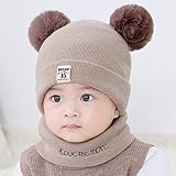 Kingsie ベビーニット帽 ネックウォーマー 赤ちゃん帽子 2点セット キッズ/子供/女の子/男の子 防寒 保温 暖かい 無地 柔らかい かわいいポンポン付き (カーキ)
