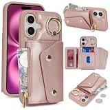 for iPhone 16 Plus ケース アイホン 16Plus 背面フリップ 手帳型 360°回転 携帯カバー for iPhone16Plus Case SunYoo ICカード コインポケット ストラップ付き カード 収納 小銭入れ ファスナーポケット付き ピンク