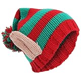 ユニセックス クリスマス エルフの耳 ポンポンつきニット帽 ニットキャップ ビーニーハット バブルハット 冬 女性用 (ワンサイズ) (レッド/グリーン)