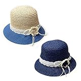(ネイビー/50cm) 子供 ペーパーハット 麦わら帽子 女の子 UZULAND ウズランド レースリボン コサージュ付 ドット切替 女児 ベビー キッズ