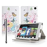 Casezilla Amazon Fire HD 6 Tablet Multi-Function White Rainbow Butterfly Swirl Leather Case / Typing