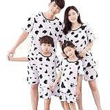 2017春夏 半袖 純綿ルームウェア、親子お揃いカップルパジャマ ペアルック ご夫婦子供 恋人 寝間着　部屋着大きいサイズ 上下セット レディース メンズ用　子供　牛柄　乳牛柄　うしがら 通気性 (X