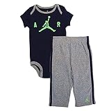NIKE(ナイキ)エア・ジョーダン 紺xライムAIRジャンプマンロゴ入り半袖ボディースーツxグレーコーデパンツ上下2点セット (9-12months（身長約75-80cm）) [並行輸入品]