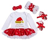 YK&loving ロンパースチュチュ ベビー クリスマス 女の子 4点セット ロンパーススカート付き 髪飾り レッグウォーマー シューズ サンタ帽柄 サイズ80