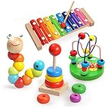 木のおもちゃ 知育玩具セット　4点入り　シロホンクマ　ビーズコースター　木製タワーがさね　キャタピラー　指先トレーニング ミニ　カラフル　幼児 子供　積み木　お祝い　プレゼント　2−3歳　創造力と想像