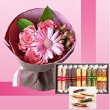 誕生日プレゼント ピンク花束＆5つの素材ロングケーキ10本 お母さんへのメッセージカード付き