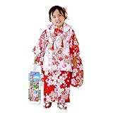 「【74】赤地に桜と蝶/被布：白」七五三 着物 3歳 被布着物7点セット
