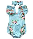 grnshtsベビー女の子フルフラワー印刷ボタンフリルロンパースボディスーツwithヘッドバンド カラー: ブルー