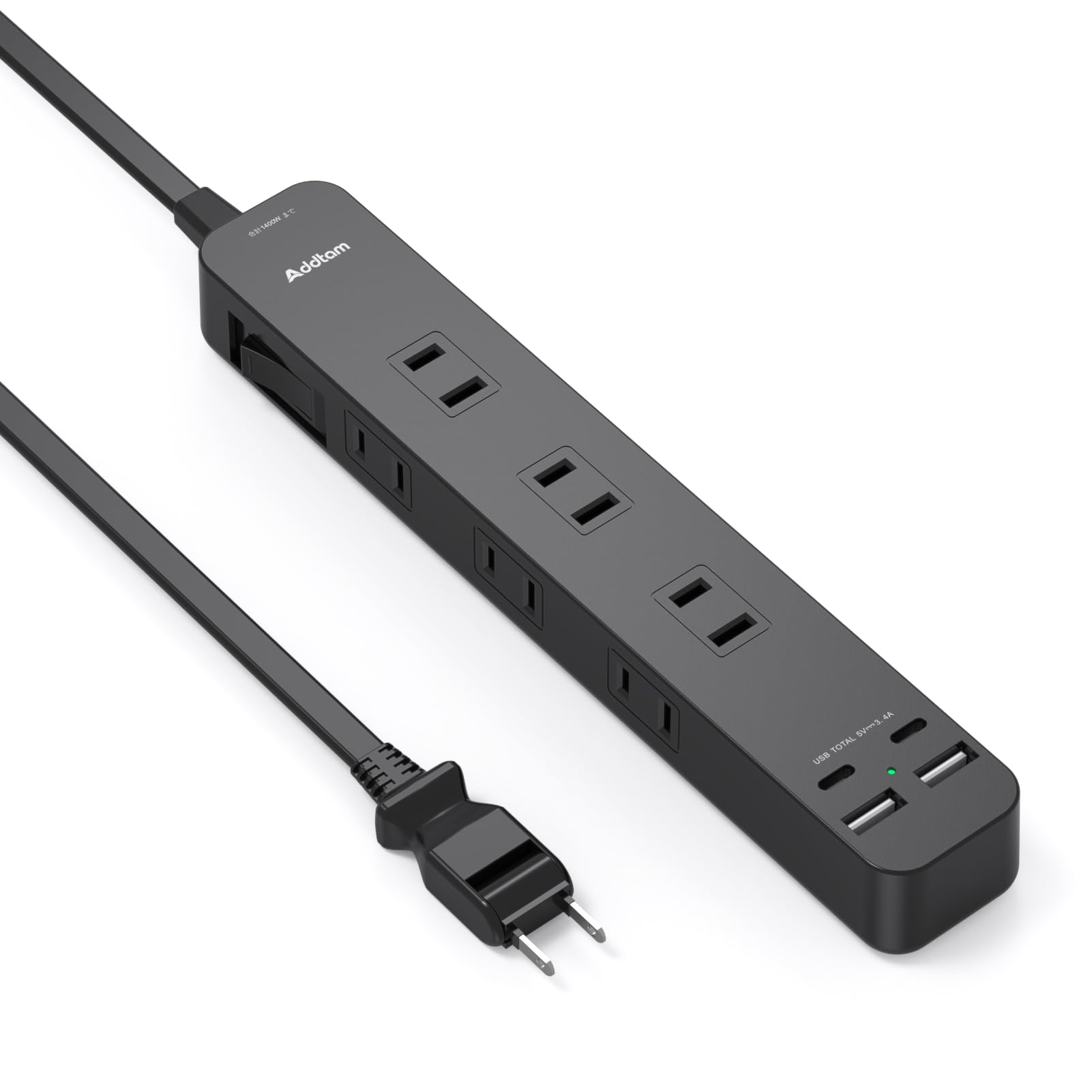 【41%OFF】【999円】 Addtam 6個AC口 2個USBポート 2Type-Cポート 雷ガード 一括スイッチ付き 電源タップ 5m