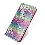 SevenPanda ファッション スパークリング レザー Samsung S9、ダイヤモンドキラキラクリスタルラインストーン 3Dフェザーフラワーパターン宝石プレミアム磁気クラスプフリップフォリオス