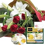 花とスイーツ ギフトセット 豪華 ユリ レッドバラ　花束 と クノールスープとコーヒーセットA 写真入り・名入れメッセージカード
