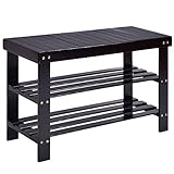 costwayシューズラック3層バンブーシェルフベンチフラットオーガナイザー ブラック Shoe Rack
