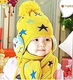 耳まで暖かい ニット帽 ＆ マフラー 星 柄 赤ちゃん から 4歳 くらいまで (黄色)
