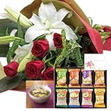 花とスイーツ ギフトセット 豪華 ユリ レッドバラ　花束 と フリーズドライ 味噌汁ギフトA 写真入り・名入れメッセージカード