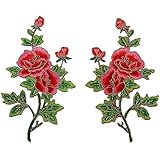 2枚 牡丹 薔薇の花 金のトリミング 刺繍アイロンアップリケワッペン (Red) [並行輸入品]