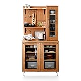 LOWYA （ロウヤ） 食器棚 キッチン収納 木製 突板 タモ材 スチール脚 引き出し キャビネット ガラス扉 Etype 幅89cm 高さ179cm ナチュラル/ブラック おしゃれ 新生活