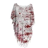 [Foreted] ハロウィン tシャツ レディース ホラー 血しぶき ドルマンスリーブ おもしろtシャツ 仮装 不気味 怖い コスプレ 衣装 カットソー 半袖 人気 ティーシャツ 面白い コスチューム トップス 個性的 派手 大人用(ライトグレー,M)