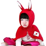 うさぎちゃん風 ニット帽 かわいい 防寒 ポンチョ付き ベビー キッズ 赤ちゃん 子供用 ベビー キッズ 赤ちゃん 子供用 (レッド)