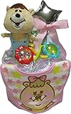 【出産祝い・おむつケーキ】おむつ・おしりふきケーキ　　WC くまたんビブスタイ　ぬいぐるみマスコット　ブライトスターツラトル (ピンク)
