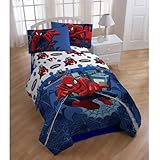 4 Piece Boysシートフルセット、ライトブルーインディゴブルーレッドホワイトスパイダーマンMarvel Comicsムービー文字パターン、リバーシブルAll Over Printedキッズ寝具