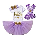 三番目の店　4PCS　赤ちゃんの女の子の誕生日パーティーの服 かわいいロンパー+スカート+ヘッドバンド+レギンス　セット プリンセスドレス (1, パープル＃1)