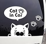 覗き込む ネコ 猫 吹き出し付きカッティングステッカー赤ちゃんカーステッカー (Cat in Car, 白)