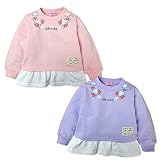 (ピンク/90cm)子供服 女の子 トレーナー 長袖 ミニ裏毛 ロゴ フロントプリント バラ柄 裾フリル切替 Aライン ワッペン装飾 女児 ベビー