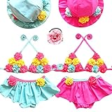 フラワー水着＆帽子付き　2色展開　2T-7T(Aブルー,90(3T-4T)) [並行輸入品]