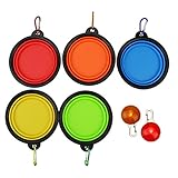 SKYCER ペット用食器 餌入れ ペットボウル 水、餌やり 折り畳み式 携帯ペットボウル フック付き 猫 犬 ウサギ 鳥 5個食器＋2LED首輪ライト