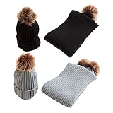 Perfk 2ペア　幼児　赤ちゃん　ポンボン　ボブル　ハット　ニット　ビーニー　キャップ　スカーフ　セット　　冬　暖かい　可愛い