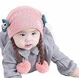 ニット帽 ベビー ウィッグ リボン 可愛い 赤ちゃん 女の子 幼児 ぼうし あったか 撮影用 編みニット つけ毛 (ピンク)