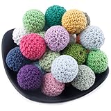 Mamimami Home 歯がため 木製 知育玩具 はがため かぎ針編みのビーズ 16MM/50個 26色混合色 赤ちゃん 舐める 安全 コットン 木のおもちゃ 歯固め　出産祝い 誕生日プレゼント 