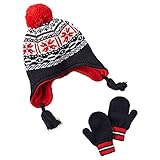 Carter's(カーターズ) ポンポン付イヤーフラップニットキャップ＆ミトンセット(Black/Red) 12-24M(12-24ヶ月) [並行輸入品]