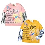 (イエロー/80cm)ベビー服 女の子 Tシャツ 長袖 Whole ホール 重ね着風 ボーダー柄 シャーリング きつね ロゴプリント スナップボタン付 女児 ベビー