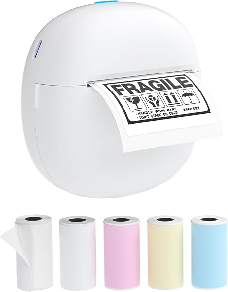 ステッカープリンター、5ロール用紙付きミニサーマルプリンター、インクレスフォトメーカー、学用品&DIYプロジェクト用、Bluetooth接続ポータブルステッカーメーカー、ラベル、写真、メモ用(ミニ) - 1