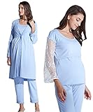 Sweet Mommy マタニティ 前開きパジャマ ガウン 上下パジャマ 3点セット ウエスト調節機能 レーススリーブ ワンピース風 長袖 プリーツ サイドポケット 入院準備 ナイティ 産前産後 授乳