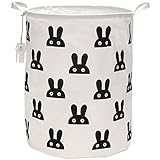 海チーム19.7 " Large Sized防水コーティングラミーコットン生地折りたたみランドリーHamperバケットCylindric黄麻布キャンバスストレージバスケットのキュートウサギデザイン ブ