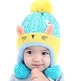 YY-Shop ベビー帽子 ニット帽子 男の子 女の子 新生児 秋冬 ニット キッズ帽子 キャップ かわいい ポンポン付き 子供 裏起毛 防寒 ハット 出産祝い 防風 猫ちゃん（0~2歳） (4ブルー