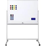 U-OFFICE 【個人宅配送可】ホワイトボード 脚付き 1200mm×900mm 両面 無地 180度回転式 パネル マグネット対応 キャスター付き 掲示板 会社 自宅 家庭用 自立 事務所 会議 付属品あり