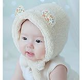 Meilleur reve(メイヤーリーブ)【ふわもこ＆耳まであたたか】選べる 5色 耳 付き ふわふわ 帽子 くまさん 花 もこもこ ベビー キッズ 防寒 (2ホワイト)