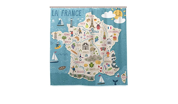 Amazon Kapanou防水 シャワーカーテン ベクトル様式化された地図フランス旅行イラスト かわいいシャワーカーテン ユニットバス バスルーム 芸術の装飾 180cmx180cm バスフック付き 取り付け簡単 シャワーカーテン ホーム キッチン オンライン通販