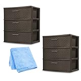 Sterilite 25306p01 3引き出しWide織りタワー、エスプレッソフレーム& Drawers W /ドリフトウッドハンドル、2 - Pack ( with 6パッククリーニングクロス)