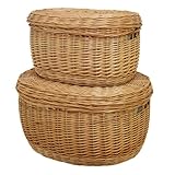 【メルカド かご収納雑貨の店】 オーバルタイプ フタ 付き かご 収納 バスケット ナチュラル M&amp;Lサイズ 2個セット【内布】ライトグレー