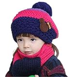 【Anjelly】 ニット帽 マフラー 子供用 セット ワンポイント マウス おまけ手袋付 (ローズ)