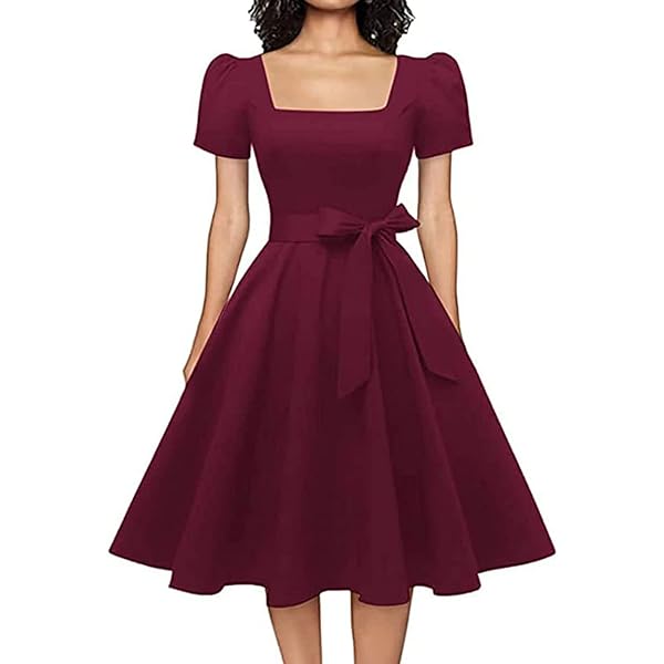 PUKAVT Women's 1950s Retro Swing Dress - Cap Sleeve, Scoop Neck, With Pockets (Flower Print)