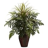 Nearly Natural 6754 Mixed Grass and Fern with Decorative Planter, Green by Nearly Natural