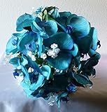 ターコイズリアルタッチOrchidブライダルウェディングブーケ&ブートニア 12" Bouquet