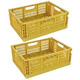 おりたたみコンテナ 18L 収納ボックス ２個セット 折り畳み式 取っ手付き 積み重ね コンテナ 収納ケース 卓上 カゴ オリコン 組み立て簡単 幅30×奥行40×高さ15cm (イエロー)