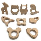 Kissteether 9pcs オーガニックブナの木自然手作りの木製の動物の歯磨き粉出産祝いのDIYパーソナライズされたペンダント緑の木の赤ちゃんのおもちゃ、歯磨き粉 (9pcs)
